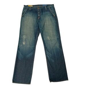 AG Adriano Goldschmied Heyda Jeans Mens 38x35 Blue Button Straight Distressed